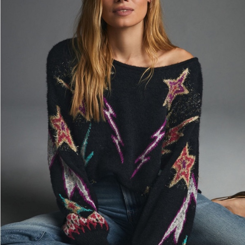 Anthropologie Black Off-Shoulder Star & Lightning Motif Sweater